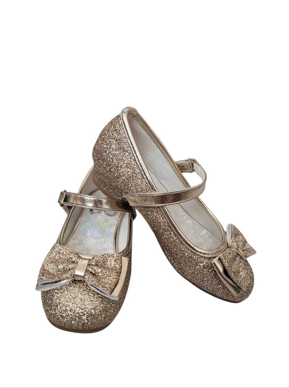 Girls 12 Gold Glitter Metallic Shimmer Wedding‎ Shoes Party Formal Bow Stelle